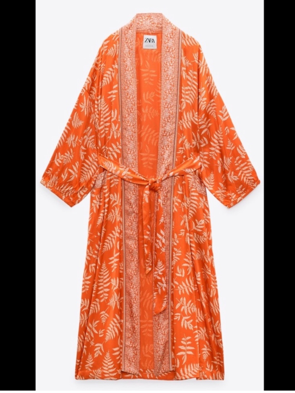Zara Hanoi orange and white leaf print satin long kimono with waist tie - Picture 2 of 16